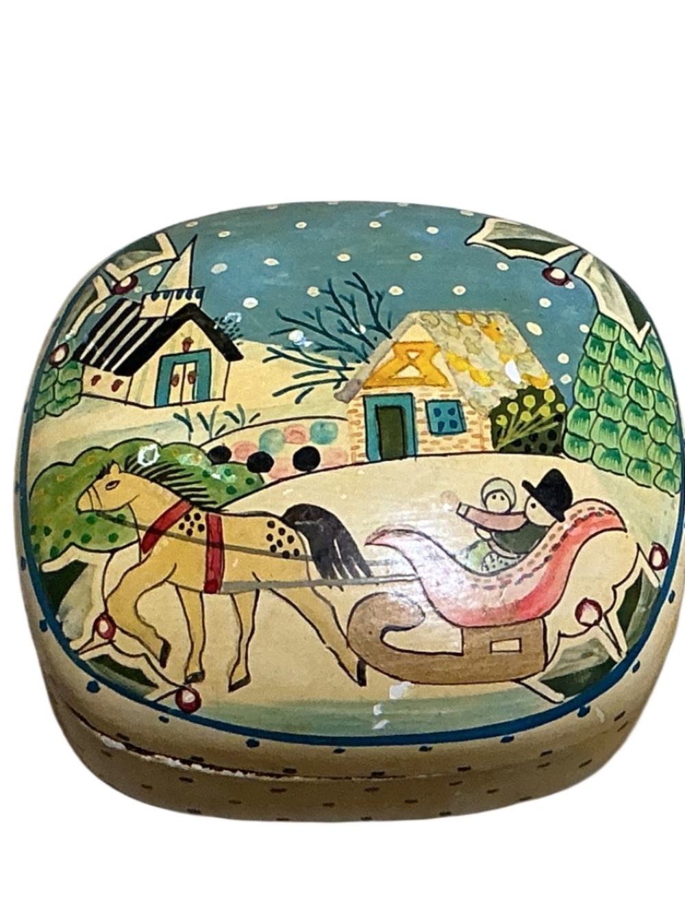 Vintage Hand Painted Indian Trinket Box Sleigh Scene Wooden Lacquer Jewelry Box
